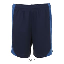 Men's shorts made of 100% breathable polyester in navy blue with blue accents. Features a logo on the front.