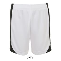 White shorts with black side details, made from 100% breathable polyester, featuring a logo at the bottom.