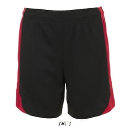 Men's shorts in black with red side panels, made from 100% breathable polyester. Features a logo.