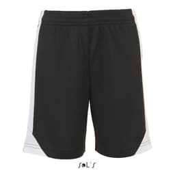 Men's breathable polyester sports shorts in black with white accents, featuring a logo.