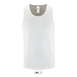 A white men's tank top made from 100% breathable polyester, featuring a logo label at the neckline.