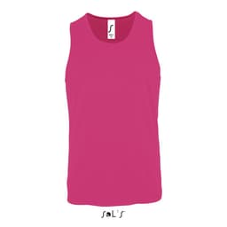 A pink men's tank top made of 100% breathable polyester, featuring a logo at the neckline.
