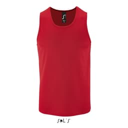 A red men's singlet made from 100% breathable polyester, featuring a logo at the neckline.