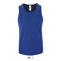 A men's sporty singlet in blue, made of 100% breathable polyester, featuring a logo.