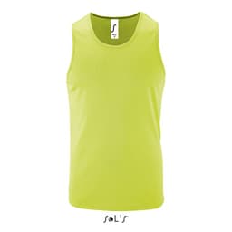 A bright yellow men's singlet made of 100% breathable polyester, featuring a logo at the neck.