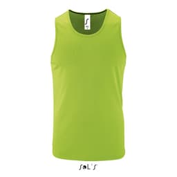 A men's tank top in bright green, made from 100% breathable polyester, featuring a logo.