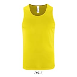 A bright yellow men's tank top made from 100% breathable polyester, featuring a logo.