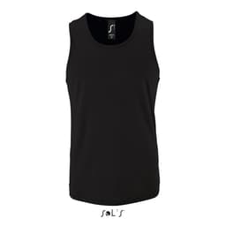 A black men's singlet made from 100% breathable polyester, featuring a branding logo.