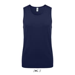 A navy blue men's singlet made of 100% breathable polyester with a logo on the label.