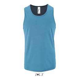 A men's tank top made from 100% breathable polyester in a vibrant blue colour, featuring a logo.