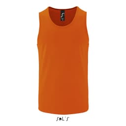 An orange men's singlet/tank top made of 100% breathable polyester, featuring a logo on the neckline.