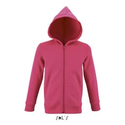 A zip-up hoodie for kids in a vibrant pink shade, featuring a hood and front pockets, with a logo.