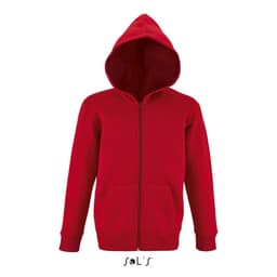 A red hoodie for kids, made of 50% cotton and 50% polyester, featuring a zip front and a hood. It has a logo.