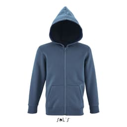 A blue hoodie featuring a front zipper, hood, and pockets. It has a logo at the bottom.