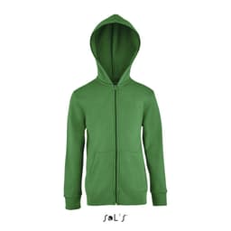 A green hoodie for kids, featuring a zip front, hood, and kangaroo pockets. The garment has a logo at the bottom.
