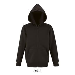A black zip-up hoodie with a hood and front pockets, made of 50% cotton and 50% polyester. It features a logo.