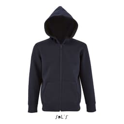 A navy hoodie for kids made of 50% cotton and 50% polyester, featuring a zip and a hood. It has a logo.