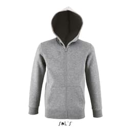 A grey hoodie with a zip and a hood, made of 50% cotton and 50% polyester. It features a branding logo.