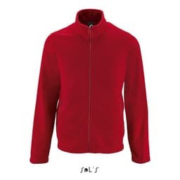 A red fleece top with a high collar and two zip pockets on the front, featuring a logo.