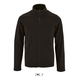 A black fleece top with a high collar and two zip pockets, featuring a logo on the front.