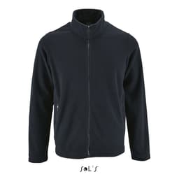 A navy fleece top featuring a full zip and two side pockets. The garment has a logo at the bottom.
