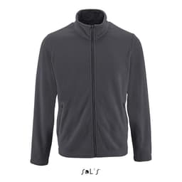 A dark grey fleece jacket with a high collar and two zip pockets on the front. It features a logo.