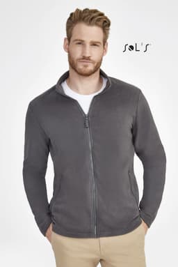 A grey fleece top for men featuring a zip-up front and two zip pockets, with a subtle logo.