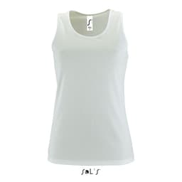 A white women's singlet tank top made from 100% breathable polyester, featuring a logo.