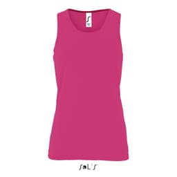 A women's sporty tank top in bright pink, made from 100% breathable polyester, featuring a logo.
