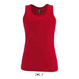 A red women's singlet tank top made of 100% breathable polyester, featuring a logo on the label.