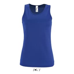 A blue women's tank top made from 100% breathable polyester, featuring a logo at the neck.