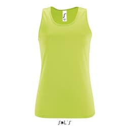 A lime green women's tank top made from 100% breathable polyester with a logo at the top.