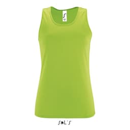 A bright green women's tank top made from 100% breathable polyester, featuring a logo.