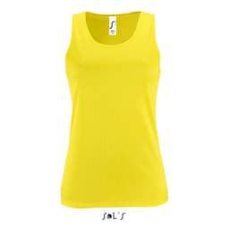 A yellow women's tank top made from 100% breathable polyester, featuring a logo at the neckline.