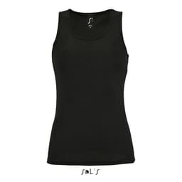 A black women's singlet tank top made from 100% breathable polyester, featuring a logo.