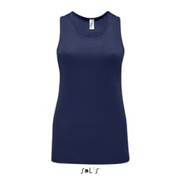 A women's sporty tank top in navy blue, made from 100% breathable polyester, featuring a logo at the neck.