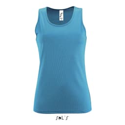 A sporty women's singlet in light blue, made of 100% breathable polyester, featuring branding on the neckline.