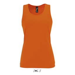 An orange women's tank top made of 100% breathable polyester, featuring a branding logo at the neck.