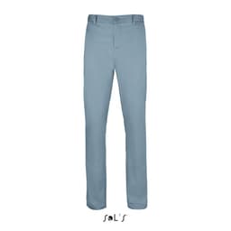 Men's stretch trousers in a light blue colour, made of 98% cotton and 2% elastane, featuring a logo.