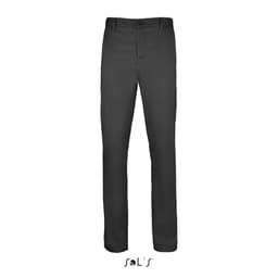 Men's grey trousers made from 98% cotton and 2% elastane, featuring a logo. Stretch fabric for comfort.