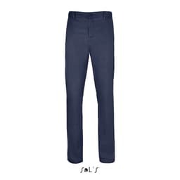 Men's navy stretch trousers made of 98% cotton and 2% elastane, featuring a classic fit and a logo.