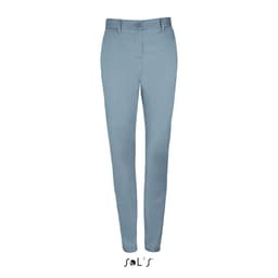 Women's stretch trousers in light blue, made from 98% cotton and 2% elastane, featuring a branded logo.