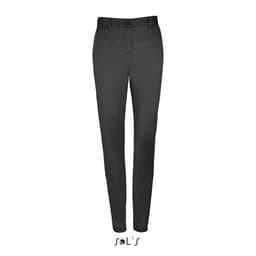 Women's black stretch trousers made from 98% cotton and 2% elastane, featuring a button closure and slim fit.
