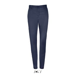 Navy women's stretch trousers made of 98% cotton and 2% elastane, featuring a fitted design and a logo.