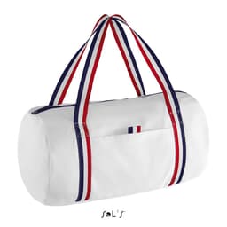 A white duffel bag with red, white, and blue striped handles and a small front pocket. It features a logo.