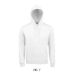 A white unisex hoodie made from 80% ringspun cotton and 20% polyester, featuring a front pocket and a hood.