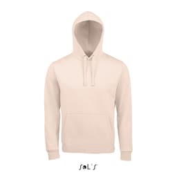 A beige unisex hoodie made of 80% ringspun cotton and 20% polyester, featuring a front pocket and a logo.