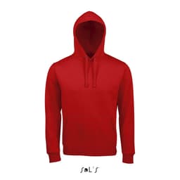 A red unisex hoodie made from 80% ringspun cotton and 20% polyester, featuring a front pocket and a hood.