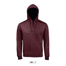 A maroon unisex hoodie made of 80% ringspun cotton and 20% polyester, featuring a front pocket and a hood.