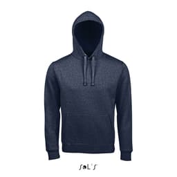 A unisex navy hoodie made of 80% ringspun cotton and 20% polyester, featuring a front pocket and a hood.